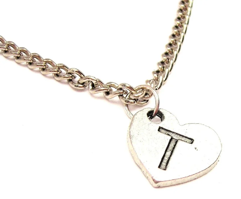 Chunky Chain Necklace-Heart Shaped Initial T Single Charm Necklace