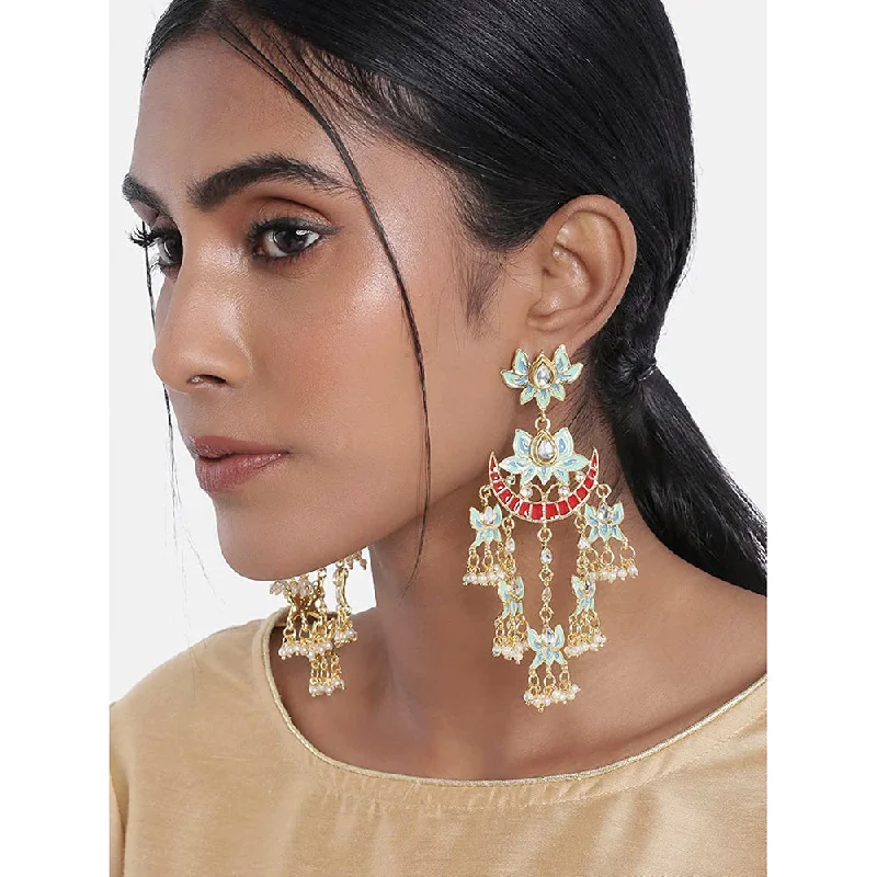 Acrylic Earrings-Etnico 18k Gold Plated Pearl Meenakari Lotus Design Dangler Earrings for Women (E2853SB)