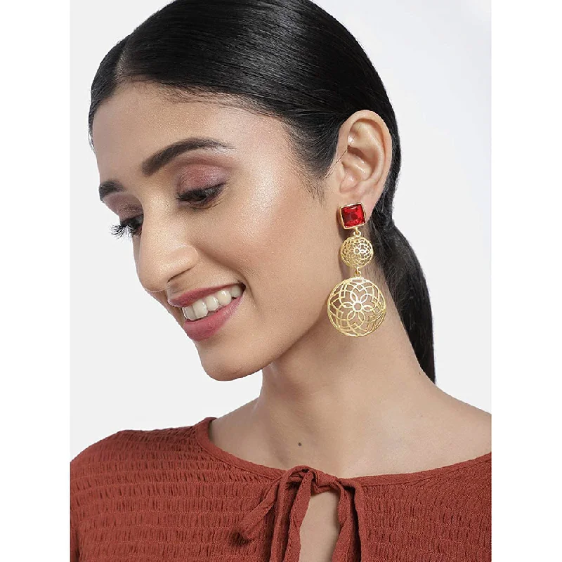 Enamel Earrings-Etnico Traditional Red Gold Plated Matte Finish Zinc Alloy Fancy Earrings for Women (E2811R)