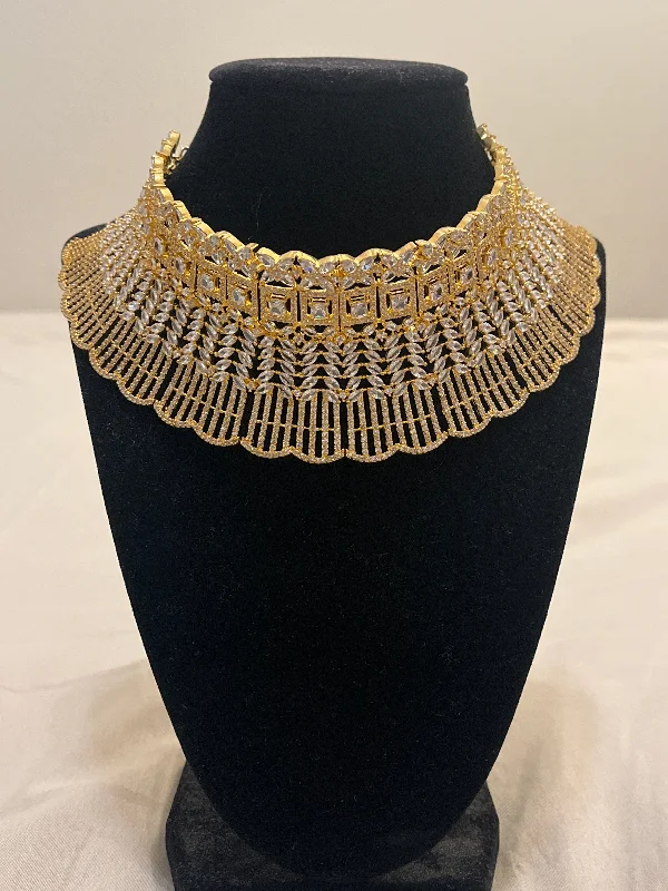 Gold Necklace for Party-Beautiful Gold Plated White Color Stone Design Necklace With Earrings