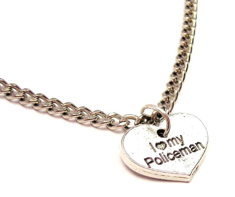 Simple Silver Pendant Necklace-I Love My Policeman Heart Single Charm Necklace