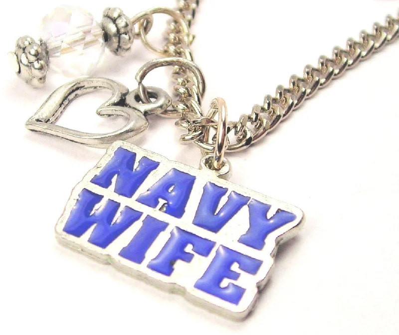 Vintage Diamond Necklace-Hand Painted Navy Wife Bold Text Blue Necklace with Small Heart