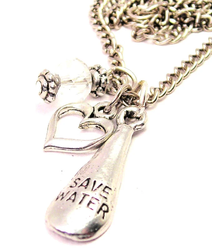 Long Pendant Necklace-Save Water Drop Necklace with Small Heart