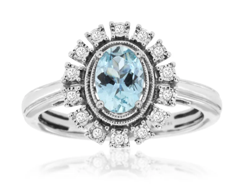 Birthstone Ring for Women-Oval Aquamarine Milgrain Ring