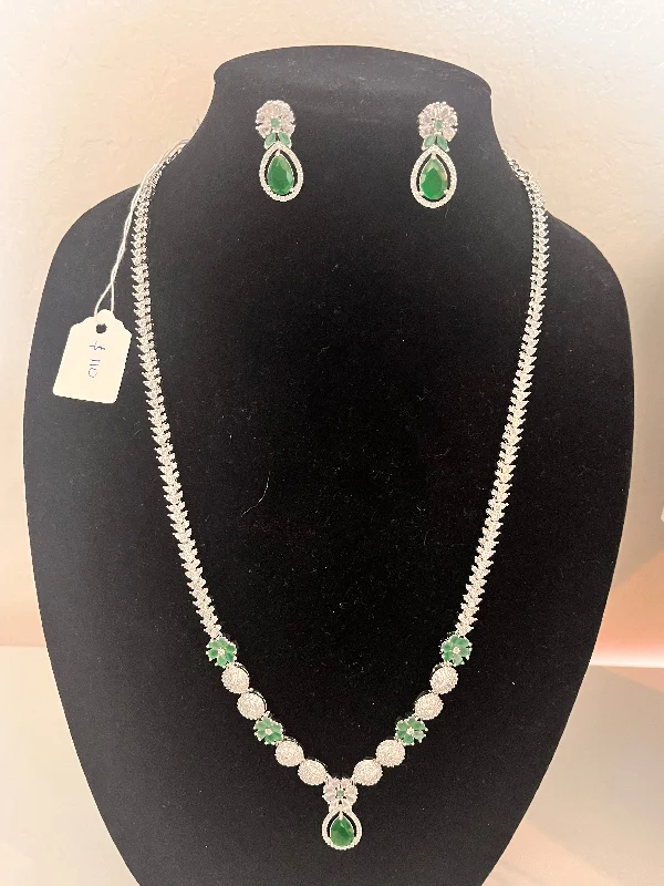 Choker Necklace for Women-Alluring American Diamond Green Stoned Long Chain With Earrings