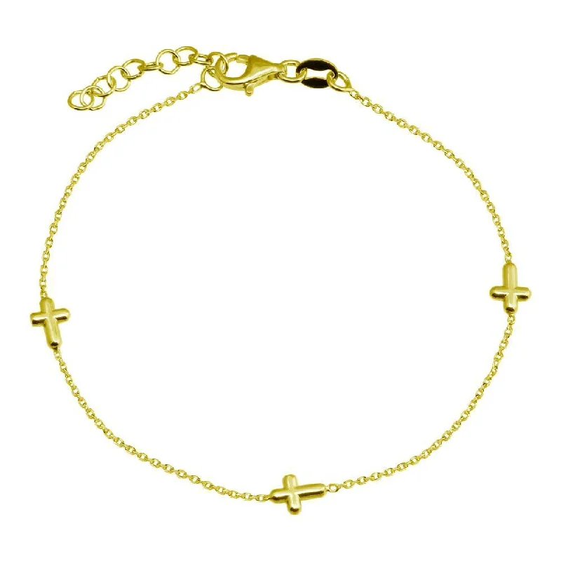 Customizable Birthstone Bracelet-Gold Plated 925 Sterling Silver SIngle Strand Bracelet with 3 Cross - VGB17GP