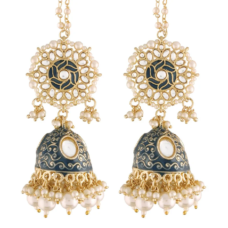 Sweetheart Earrings-Etnico18K Gold Plated Intricately Designed Traditional with Detachable Hair Chain Encased With Kundans & Pearls Jhumki Earrings For Women (E2906Bl)