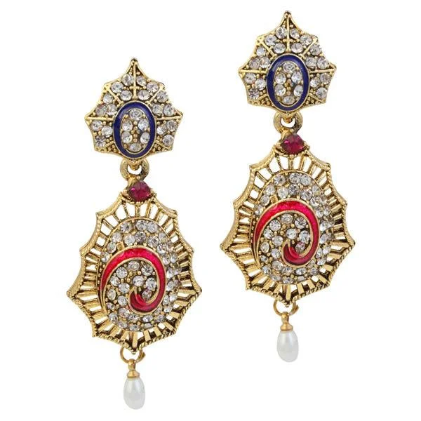 Silver Chandelier Earrings-Kriaa Stone Meenakari Pearl Gold Plated Dangler Earrings - 1305202