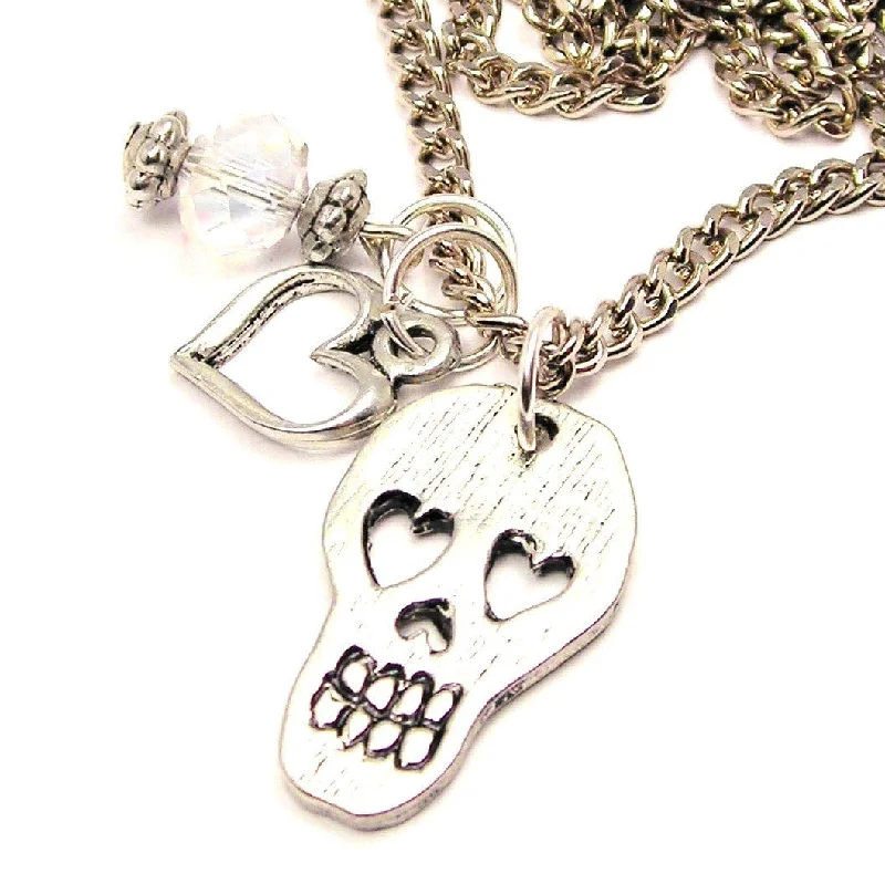 Unique Design Necklace-Mexican Sugar Skull With Heart Shaped Eyes Heart And Crystal Necklace