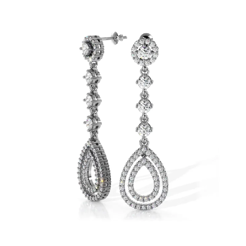 Luxury Gold Drop Earrings-2.0 ctw. Round Diamond Drop Earrings With Double Teardrop Dangle