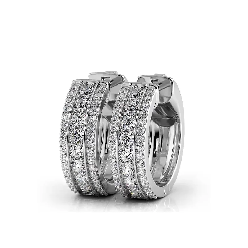 Wedding Earrings for Bride-Three Row  1.0 ctw. Diamond Hoop Earrings Huggie Style