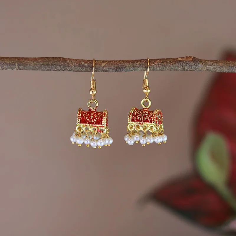 Elegant Pearl Stud Earrings-Etnico Gold Plated Traditional Meenakari Handcrafted Red Pearl Jhumki Earrings for Women/Girls(E3074R)