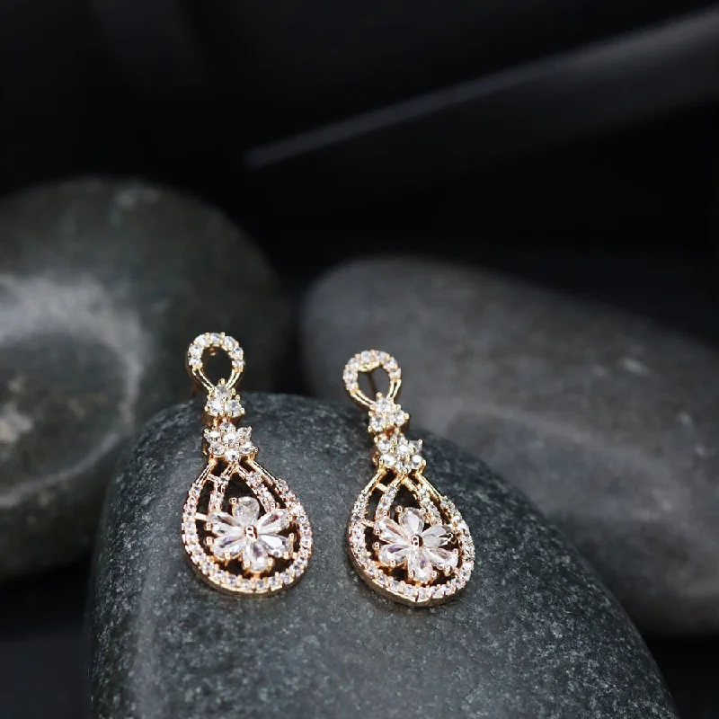 Sterling Silver Drop Earrings-Etnico Valentine's Special Rose Gold Plated & White AD Studded Drop Earrings for Women (E2976)