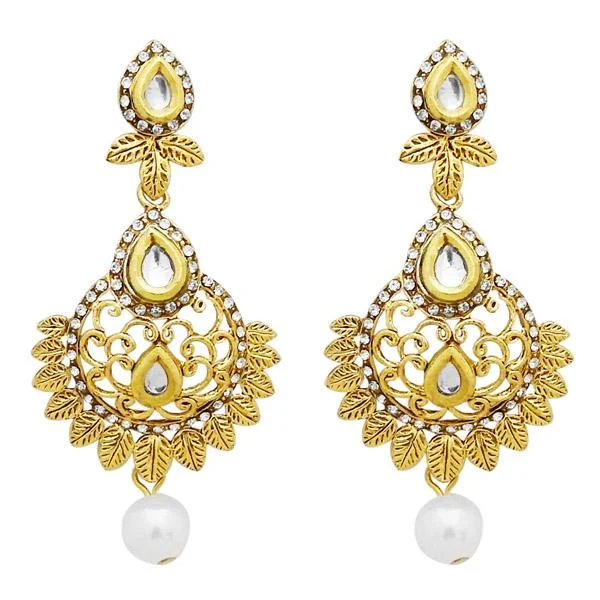 Oval Shape Earrings-Jheel Stone Gold Plated Pearl Drop Dangler Earrings - 2900228B