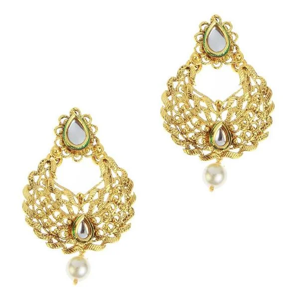 Art Deco Earrings-Kriaa Gold Plated Kundan Pearl Drop Dangler Earring - 1307222