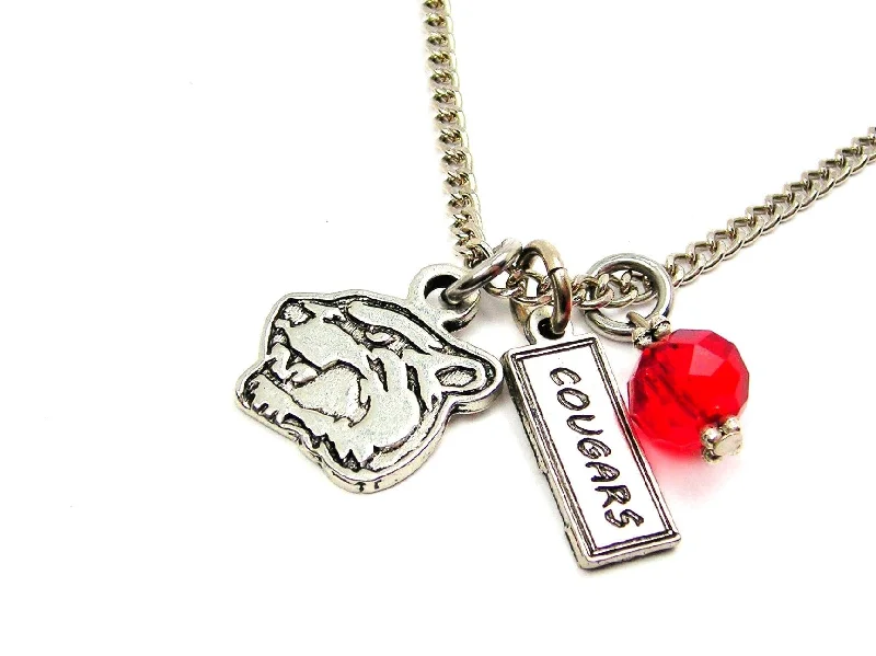 Silver Drop Necklace-Cougar Mascot With Cougars Tab Necklace