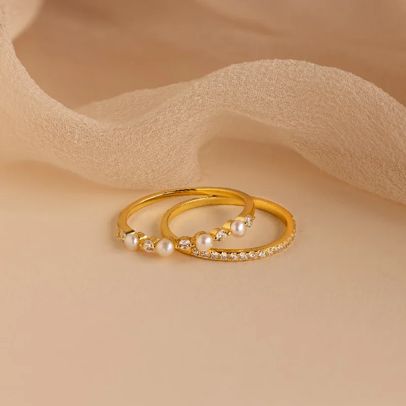 Personalized Wedding Ring Set-Pave Pearl Stacking Ring Set