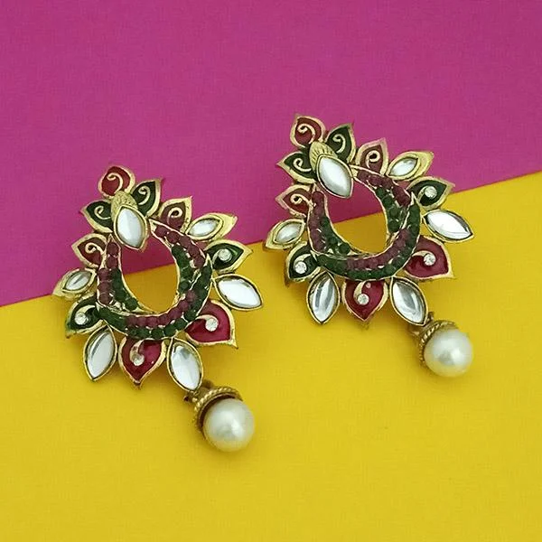 Gemstone Stud Earrings-Kriaa Gold Plated Pink Meenakari Kundan Dangler Earrings