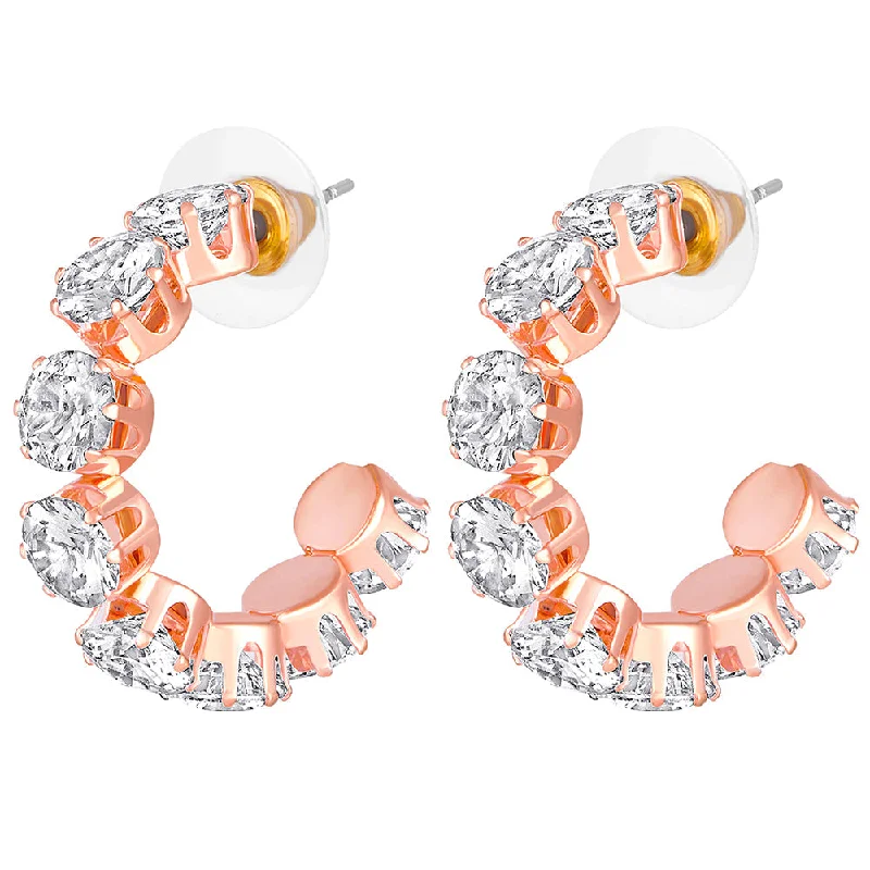 Retro Style Earrings-Mahi Rose Gold Plated Shiny Cubic Zirconia Studed Half Bali Hoop Earrings for Women (ER1109823ZWhi)