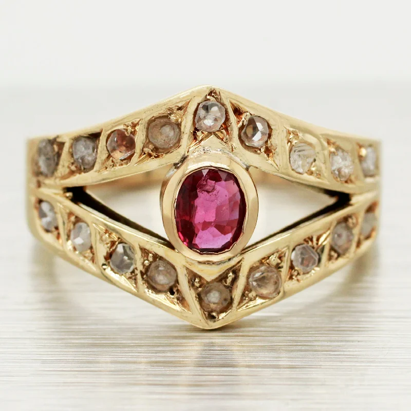 Personalized Men’s Ring-Antique Art Deco Ruby & Rose Cut Diamond Ring - 14k Yellow Gold Split Shank Band