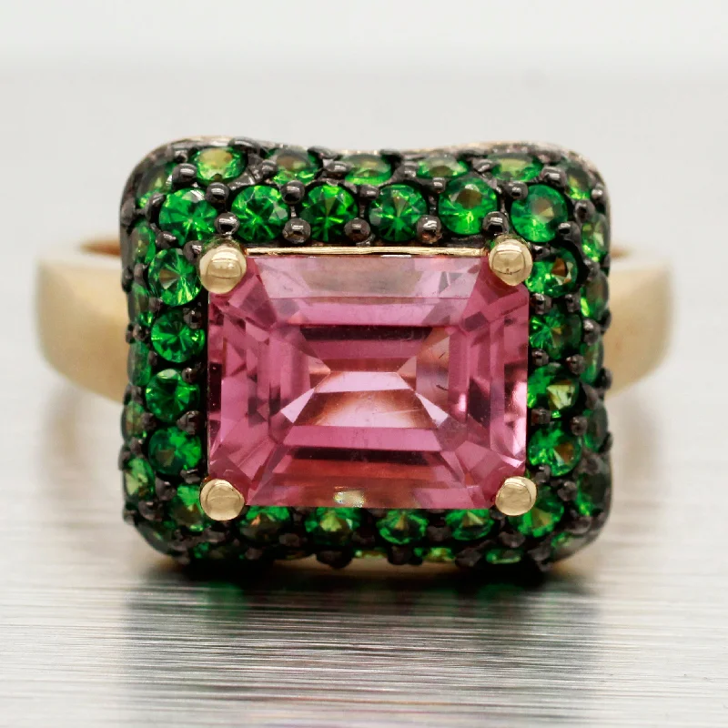 Dainty Engagement Ring-LeVian Pink Quartz & Tsavorite Cocktail Ring - 14k Yellow Gold Band