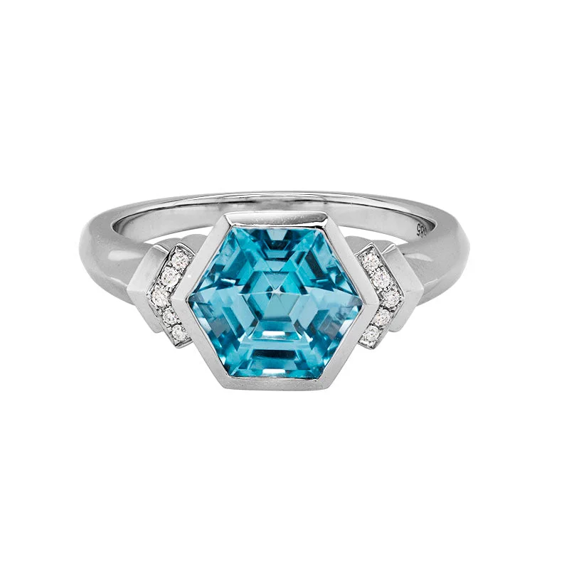 Platinum Wedding Ring-Hexagon Blue Topaz Ring with Diamond Accents