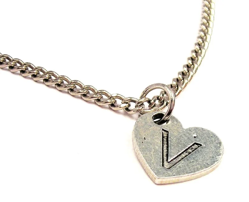 Thin Silver Necklace-Heart Shaped Initial V Single Charm Necklace