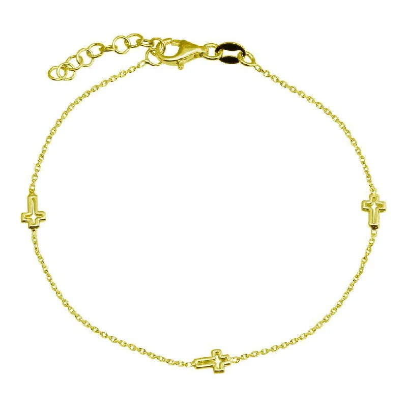 Bracelet with Engraving-Gold Plated 925 Sterling Silver SIngle Strand Bracelet with 3 Cross - VGB21GP