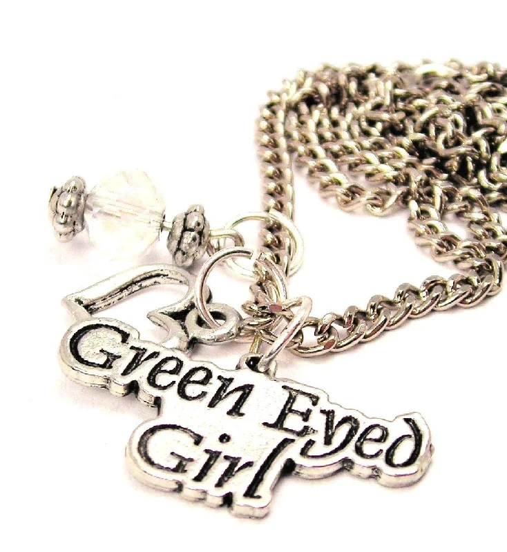 Minimalist Silver Necklace-Green Eyed Girl Heart And Crystal Necklace