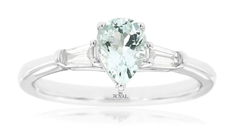 Classic Gold Wedding Ring-14k white gold pear shaped aquamarine and baguette diamond ring