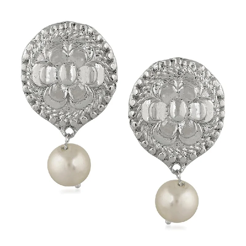 Oversized Earrings-Mahi Rhodium Plated Traditional Dangler Earrings with Artificial Pearl for Women (VECJ100229)