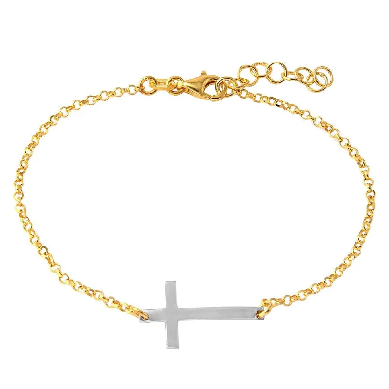 Silver Beaded Bracelet-Silver 925 Gold Plated Italian Rolo Chain with Rhodium Plated Cross Bracelet - ARB00020GP