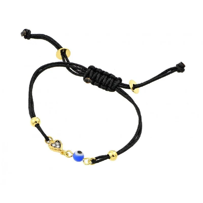 Luxury Charm Bracelet-Silver 925 Gold Plated Heart Evil Eye CZ Black Cord Bracelet - BGB00199