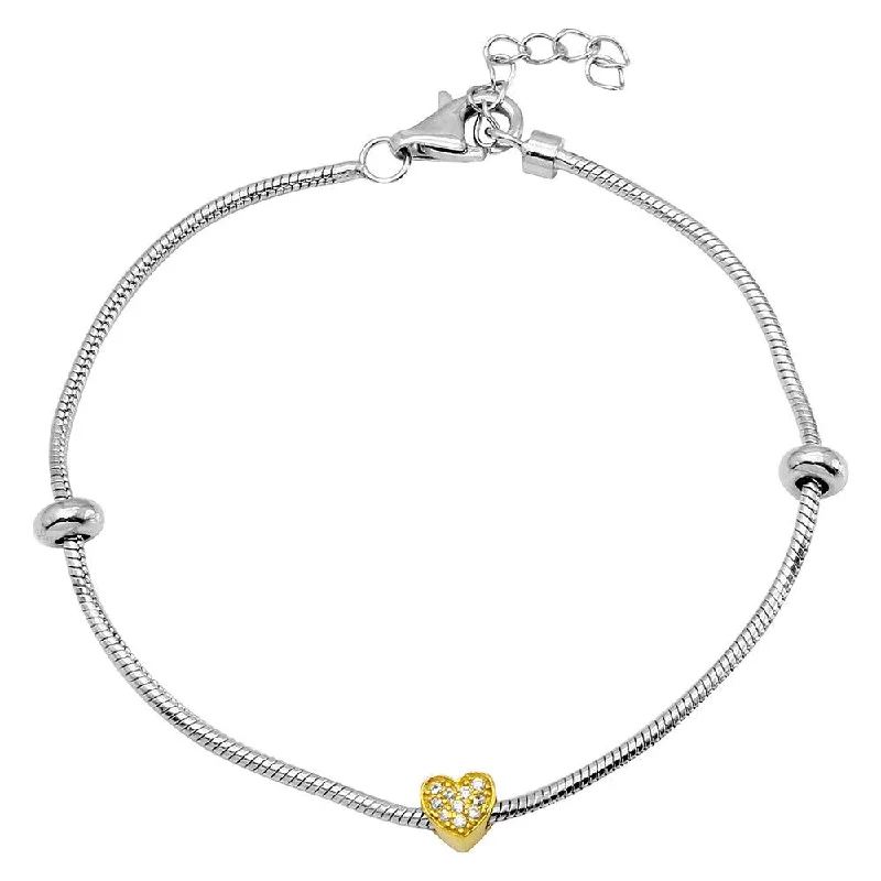 Simple Gold Bangle-Rhodium Plated 925 Sterling Silver Snake Bracelet with Gold Plated CZ Heart Charm - BGB00289