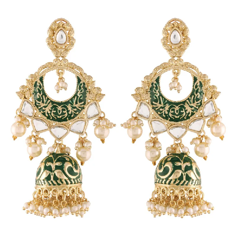 Heart Hoop Earrings-Etnico18K Gold Plated Intricately Designed Traditional Green Enamel Glided With Kundans & Pearls Jumki Earrings For Women (E2905G)