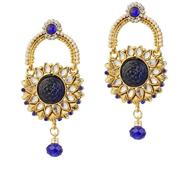 Cute Stud Earrings for Kids-Kriaa Kundan Blue Austrian Stone Gold Plated Dangler Earrings - 1303773