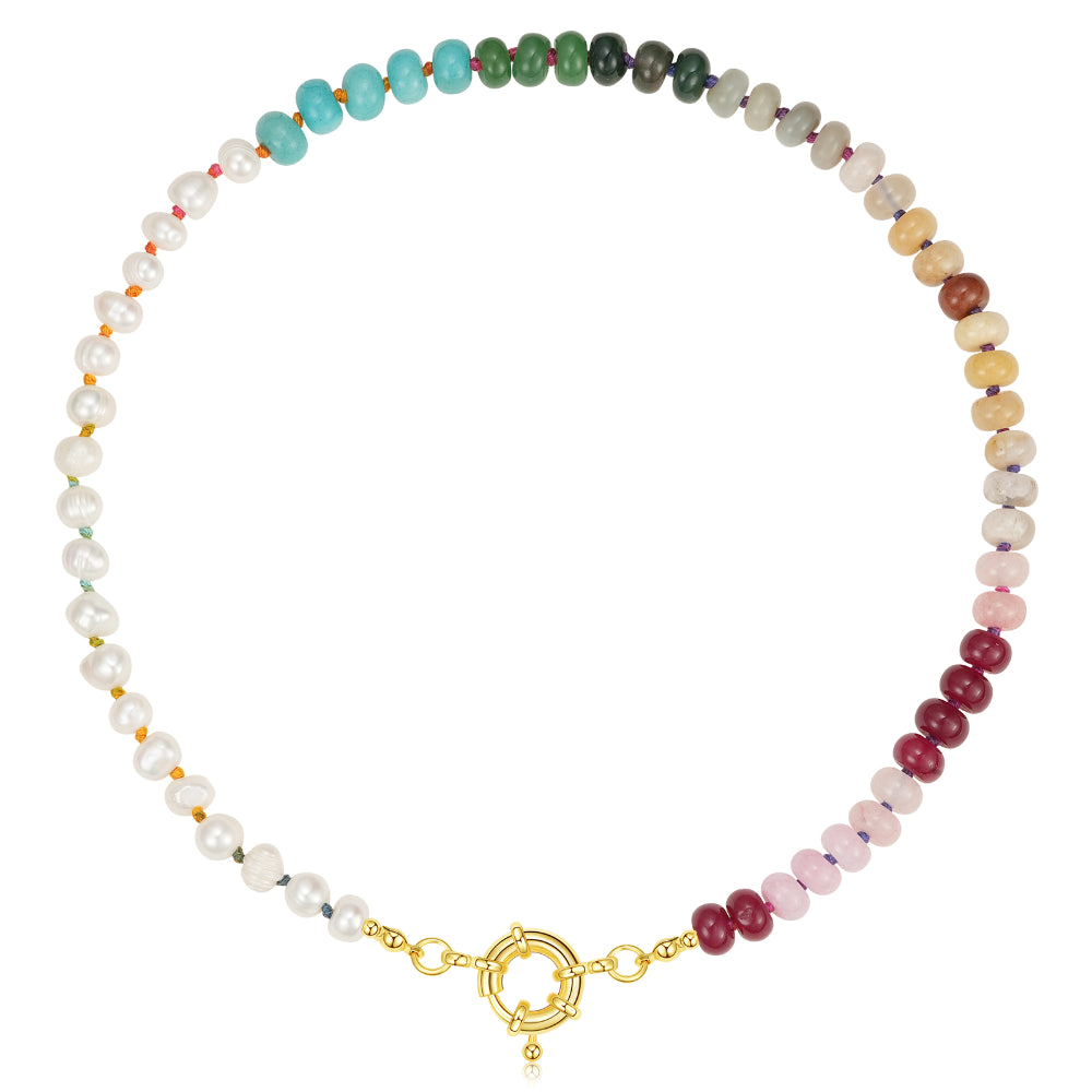 Silver Cross Necklace-Natural Beaded Gemstone Colorful & Freshwater Pearl Choker Necklace