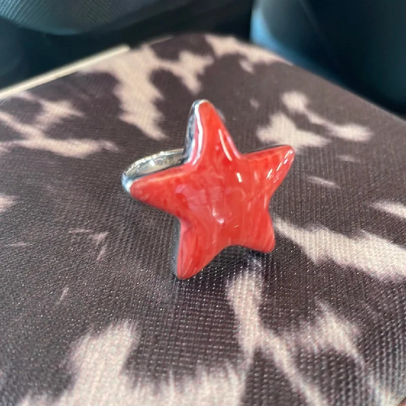 Oval Cut Diamond Ring-Red  Coral Star Ring