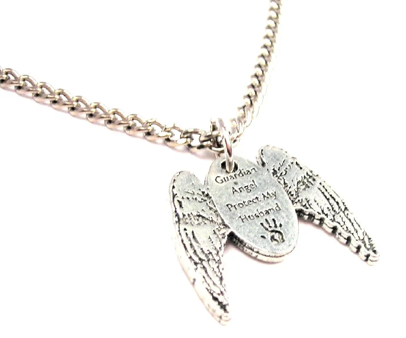 Stylish Long Necklace-Guardian Angel Protect My Husband Single Charm Necklace