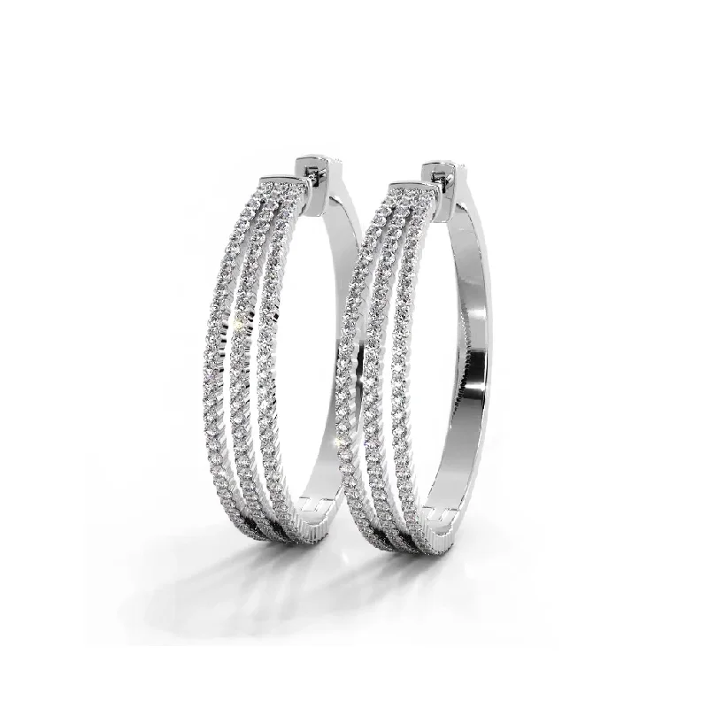 Small Crystal Earrings-1.70 ctw. Three Separate Row Diamond Hoop Earrings