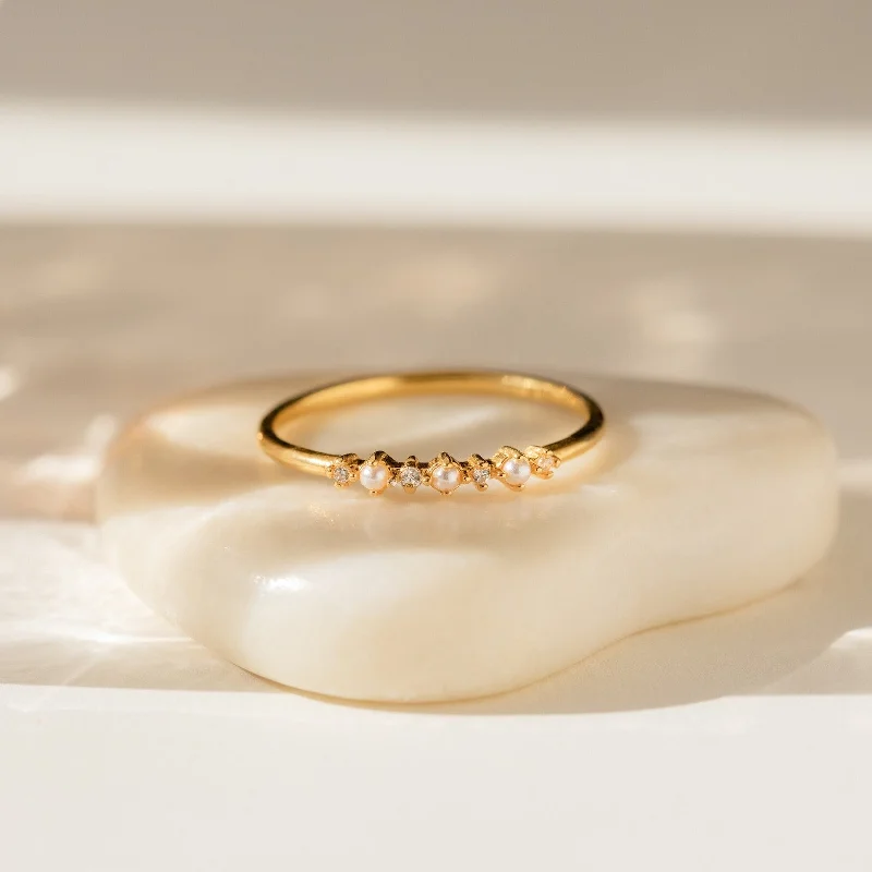 Custom Engraved Ring-Delicate Pearl Diamond Ring