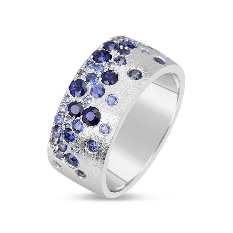 Elegant Wedding Ring Set-Blue Sapphire Confetti Cigar Band