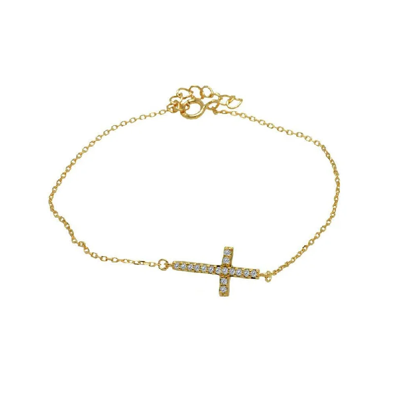 Handcrafted Silver Bracelet-Silver 925 Gold Plated Sideways Cross Clear CZ Inlay Bracelet - BGB00145