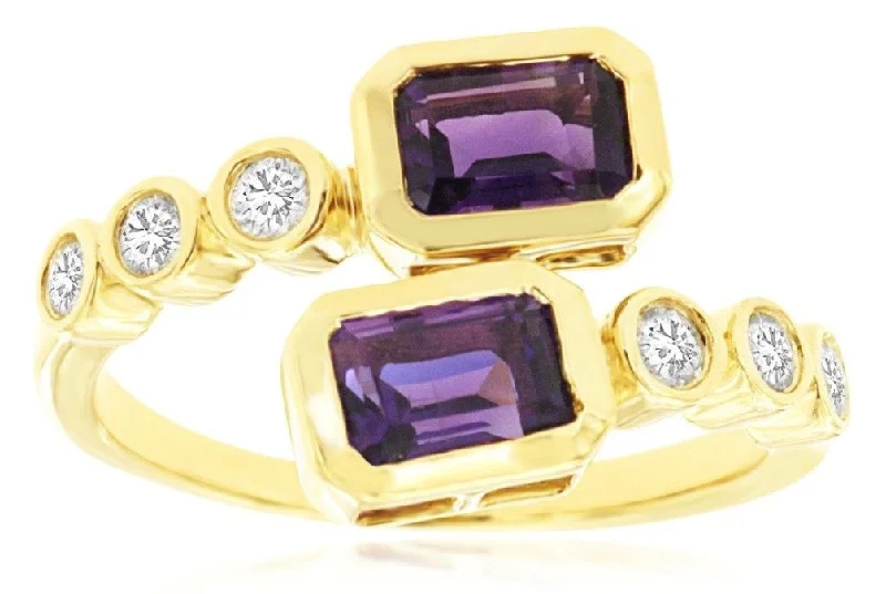 Boho Style Ring-14k yellow gold emerald cut amethyst diamond bypass ring