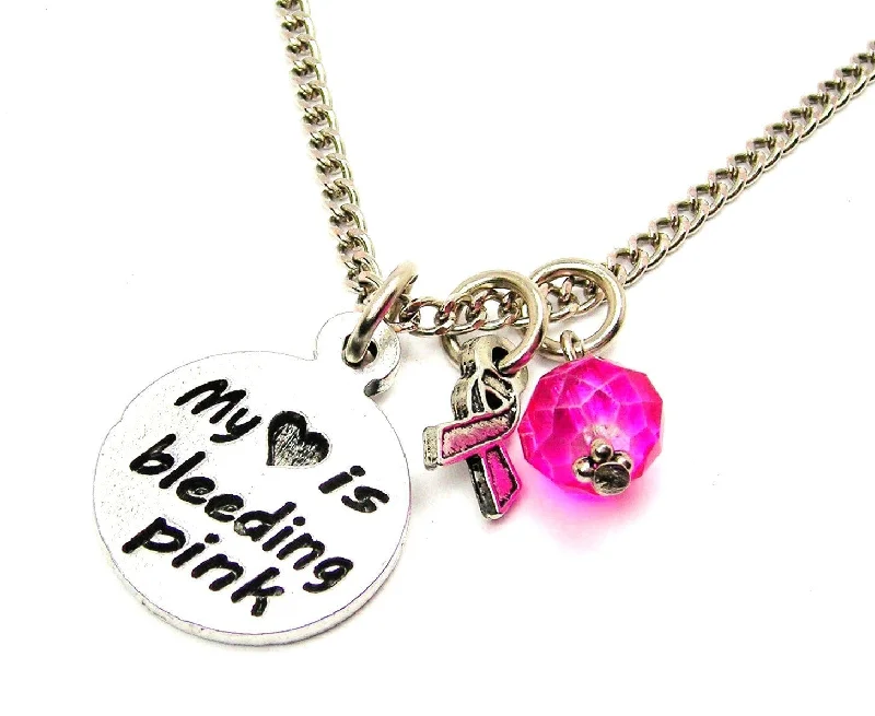 Silver Heart Necklace-My Heart is Bleeding Pink with Awareness Ribbon Necklace