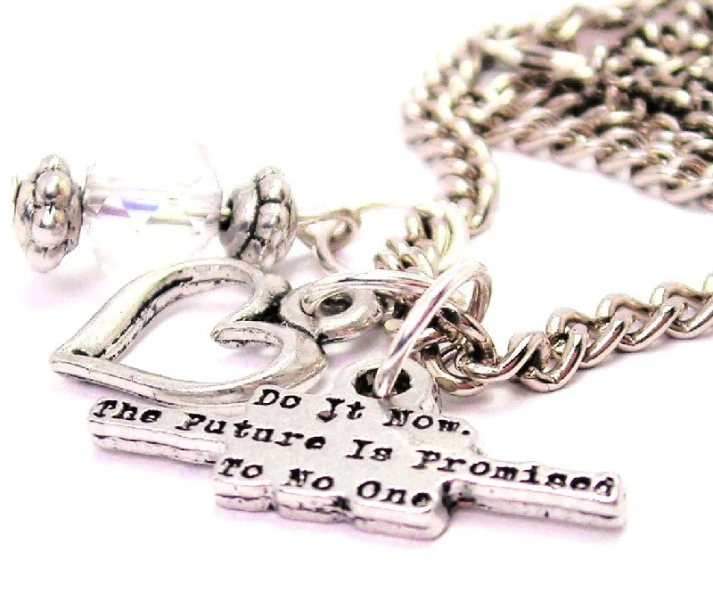 Silver Cross Necklace-Do It Now The Future Is Promised To No One Necklace with Small Heart