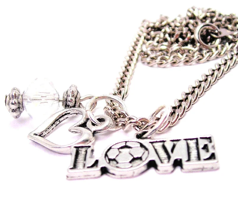 Large Pendant Necklace-Love With Soccer Ball Heart And Crystal Necklace