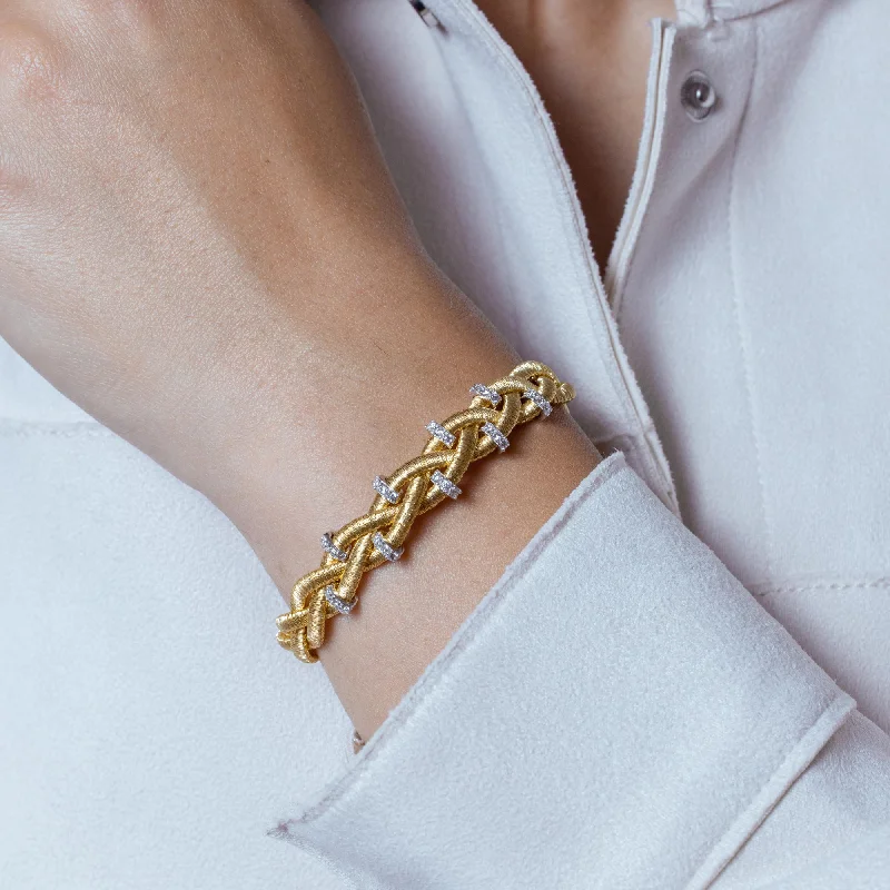 Simple Chain Bracelet-Silver 925 Gold Plated Braided Italian Bracelet with Small CZ Bar Accents - ITB00208GP-RH