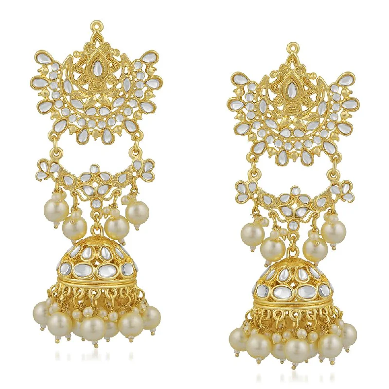 Oval Shape Earrings-Mahi Ethnic Gold Plated White Kundan Long Dangler Jhumki Earring For Women VECJ100195