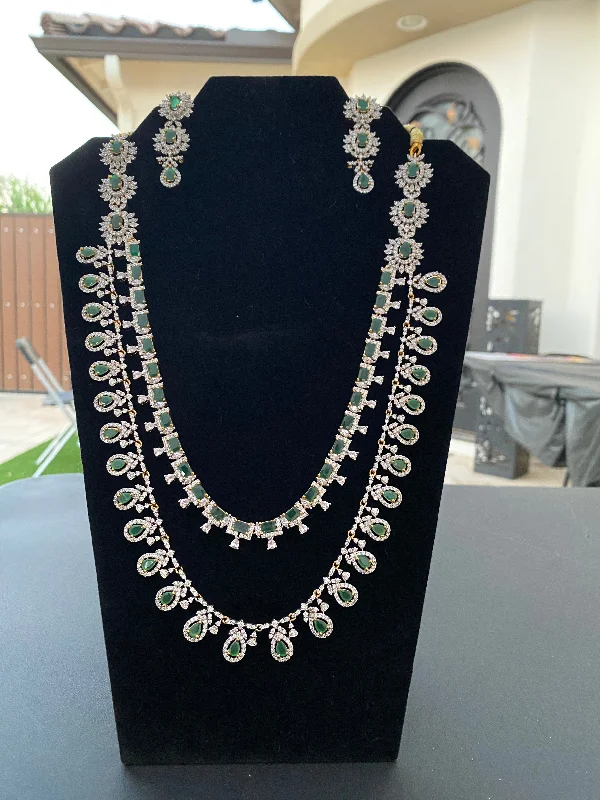 Green Gem Necklace-Elegant Green Stoned Two Layer American Diamonds Necklace With Earrings